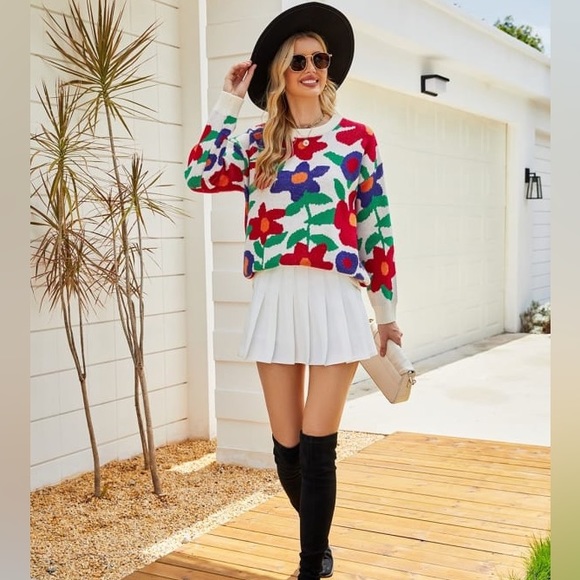 New Crew Neck Ivory Floral Knit Sweater with Red, Blue, Green, Orange Flowers - Picture 10 of 17